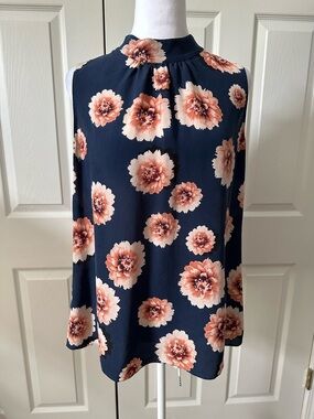 100% Silk Top, sleeveless, floral print, navy, size Large